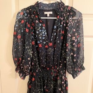 Joie Smocked Waist Mini Dress. Size XS. Navy blue, multicolored flowers.